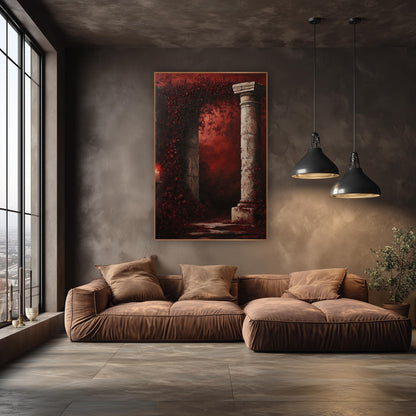 Burgundy Blossom Ruin Gothic wall art in an elegant modern room – cracked stone column beside an arch of burgundy
