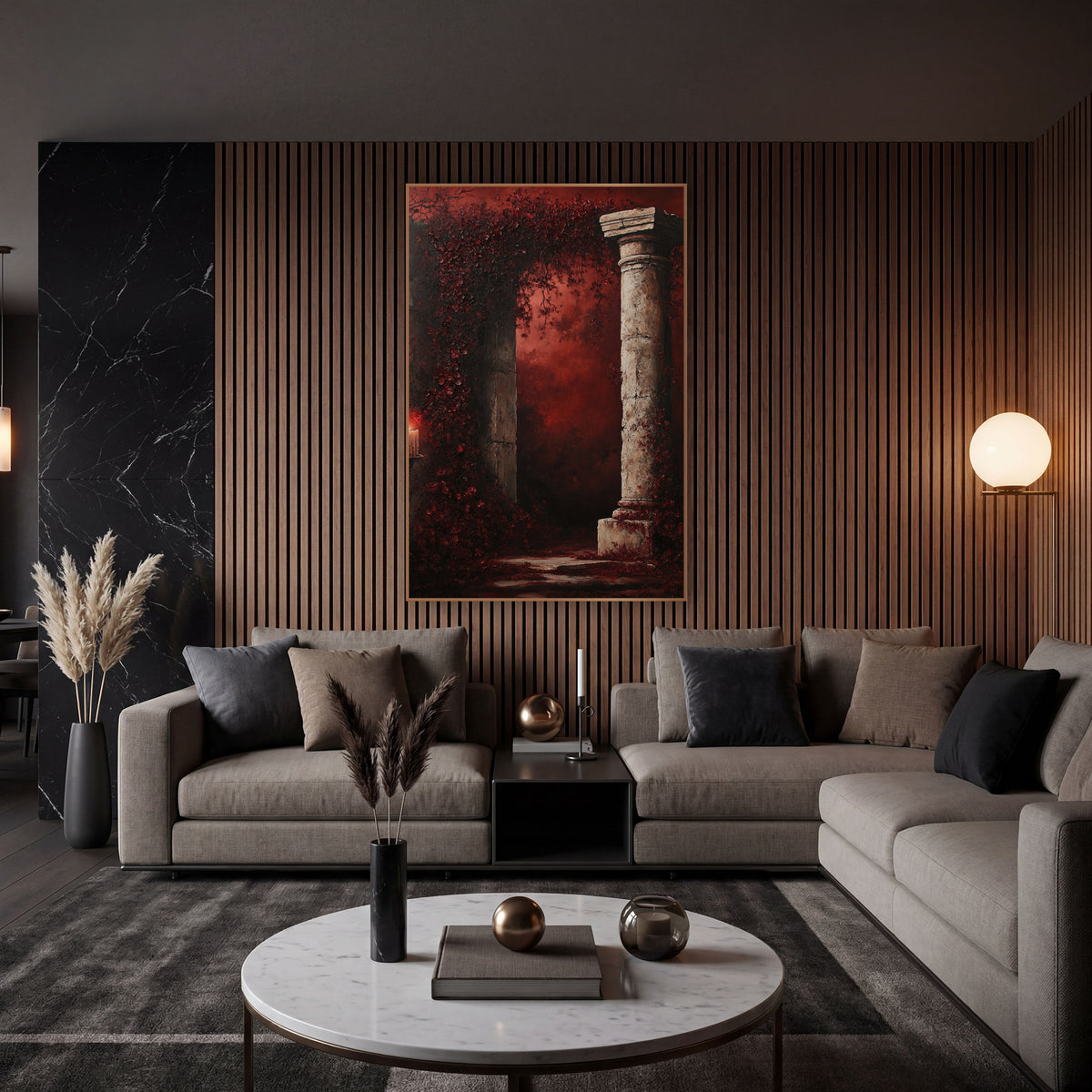 Burgundy Blossom Ruin Gothic wall art in an elegant modern room – cracked stone column beside an arch of burgundy