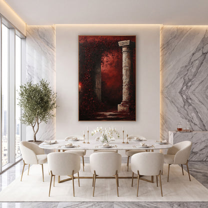 Burgundy Blossom Ruin Gothic wall art in an elegant modern room – cracked stone column beside an arch of burgundy
