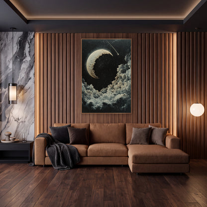 Cratered Crescent Moon Celestial Night wall art in an elegant modern room – cream cratered crescent moon and a comet