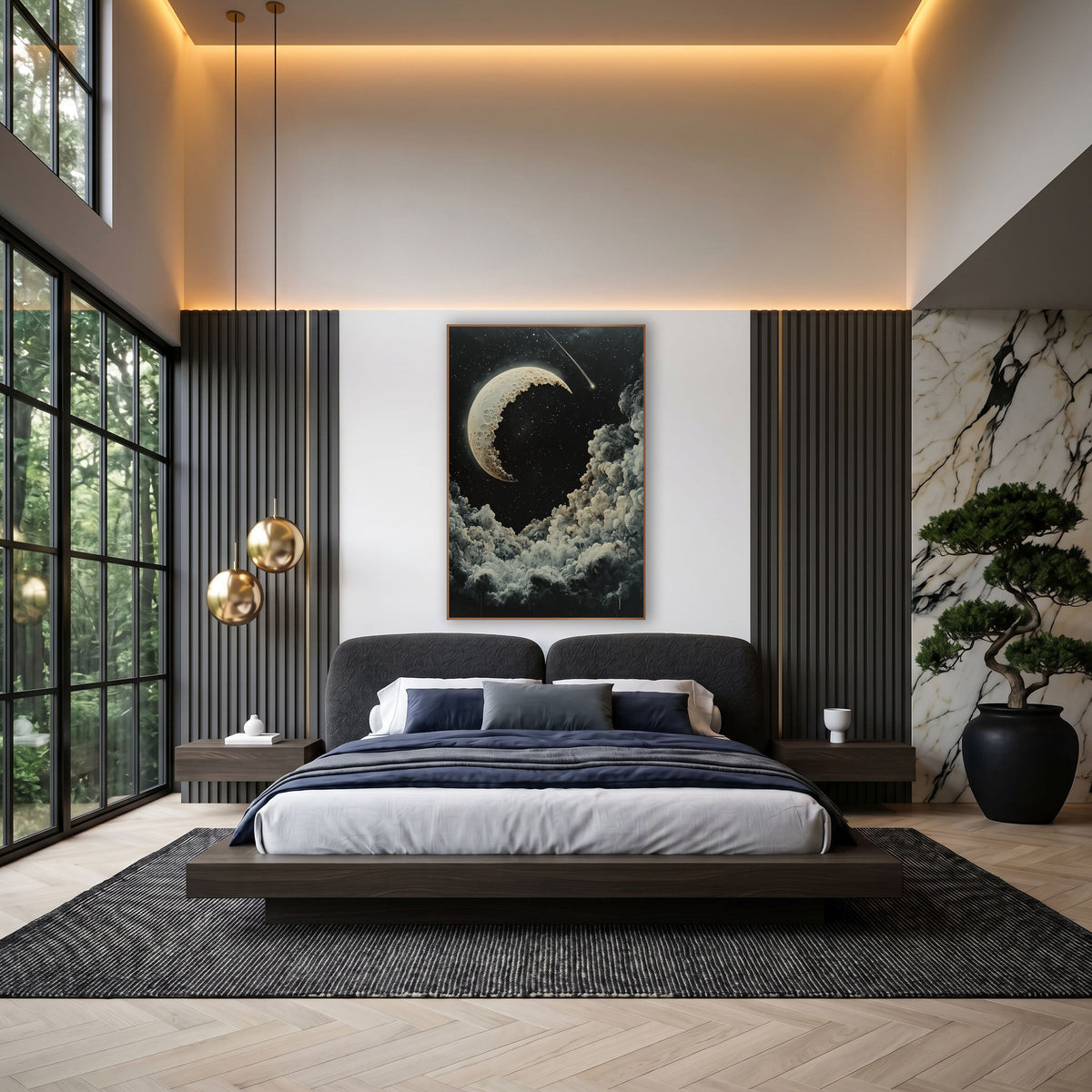 Cratered Crescent Moon Celestial Night wall art in an elegant modern room – cream cratered crescent moon and a comet