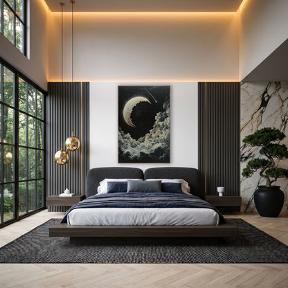 Cratered Crescent Moon Celestial Night wall art in an elegant modern room – cream cratered crescent moon and a comet