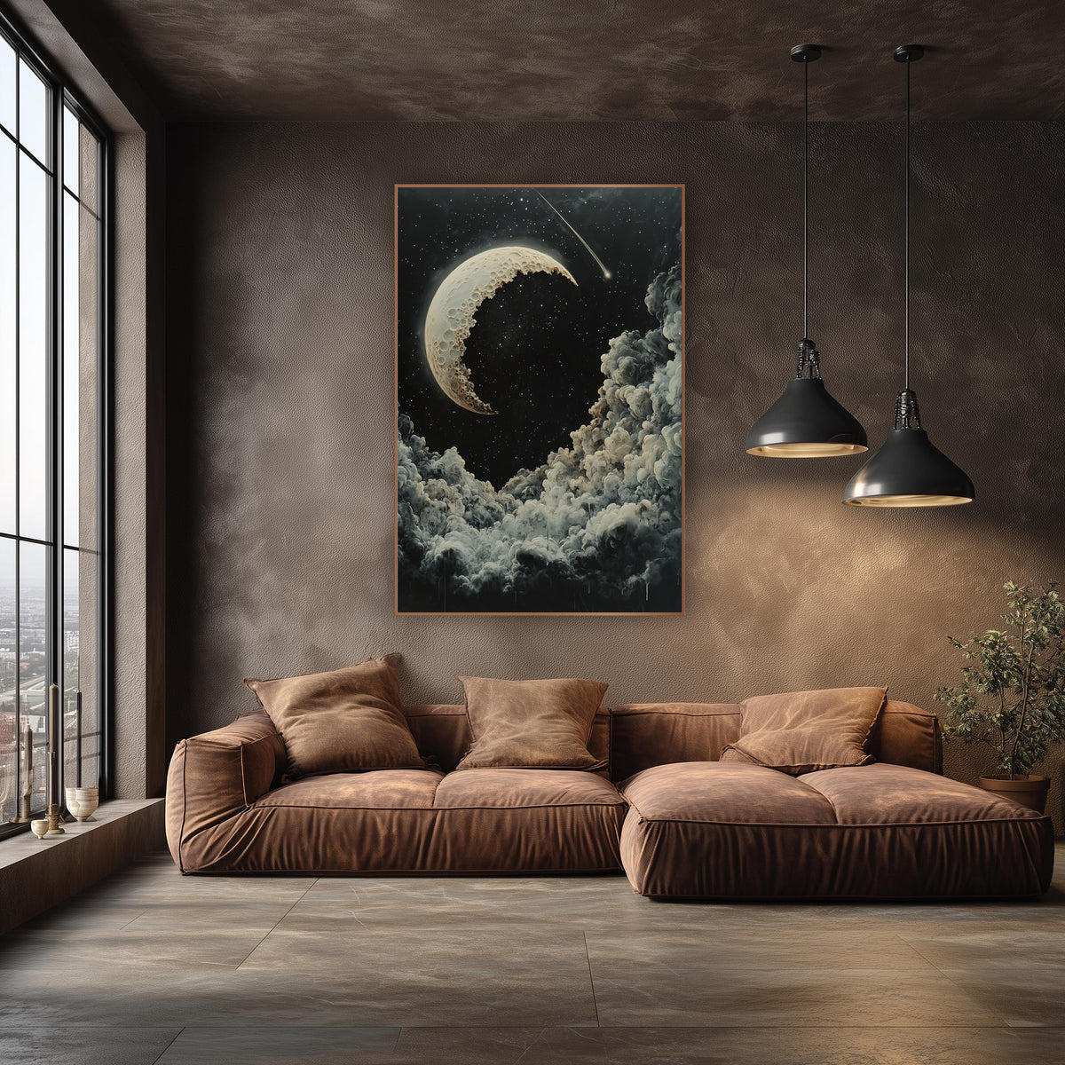 Cratered Crescent Moon Celestial Night wall art in an elegant modern room – cream cratered crescent moon and a comet