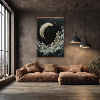 Cratered Crescent Moon Celestial Night wall art in an elegant modern room – cream cratered crescent moon and a comet