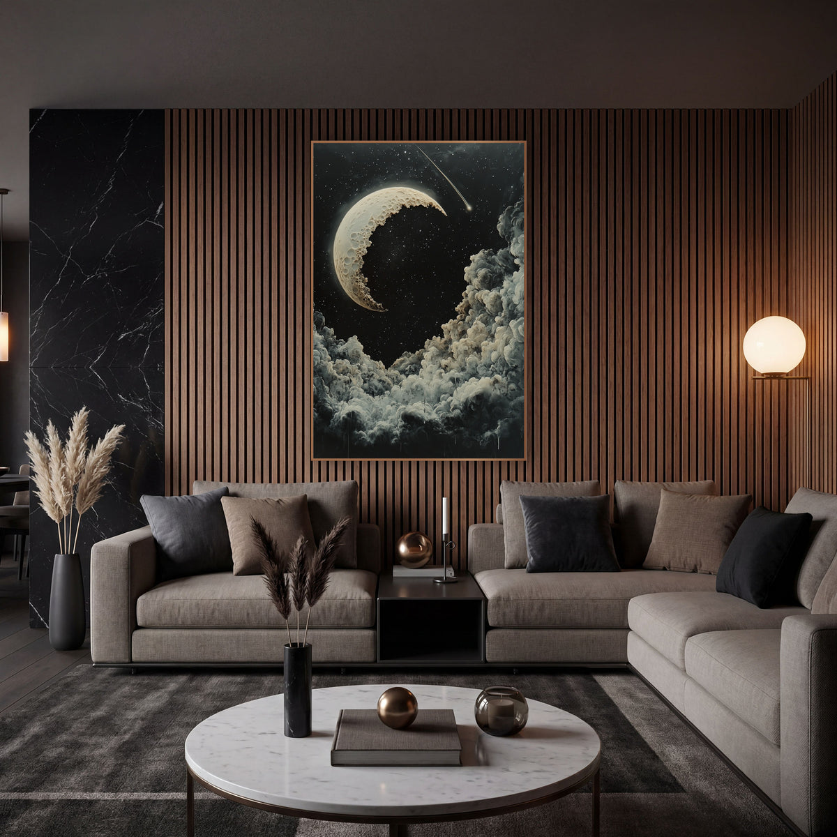 Cratered Crescent Moon Celestial Night wall art in an elegant modern room – cream cratered crescent moon and a comet