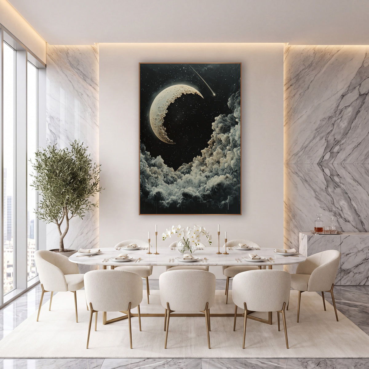 Cratered Crescent Moon Celestial Night wall art in an elegant modern room – cream cratered crescent moon and a comet