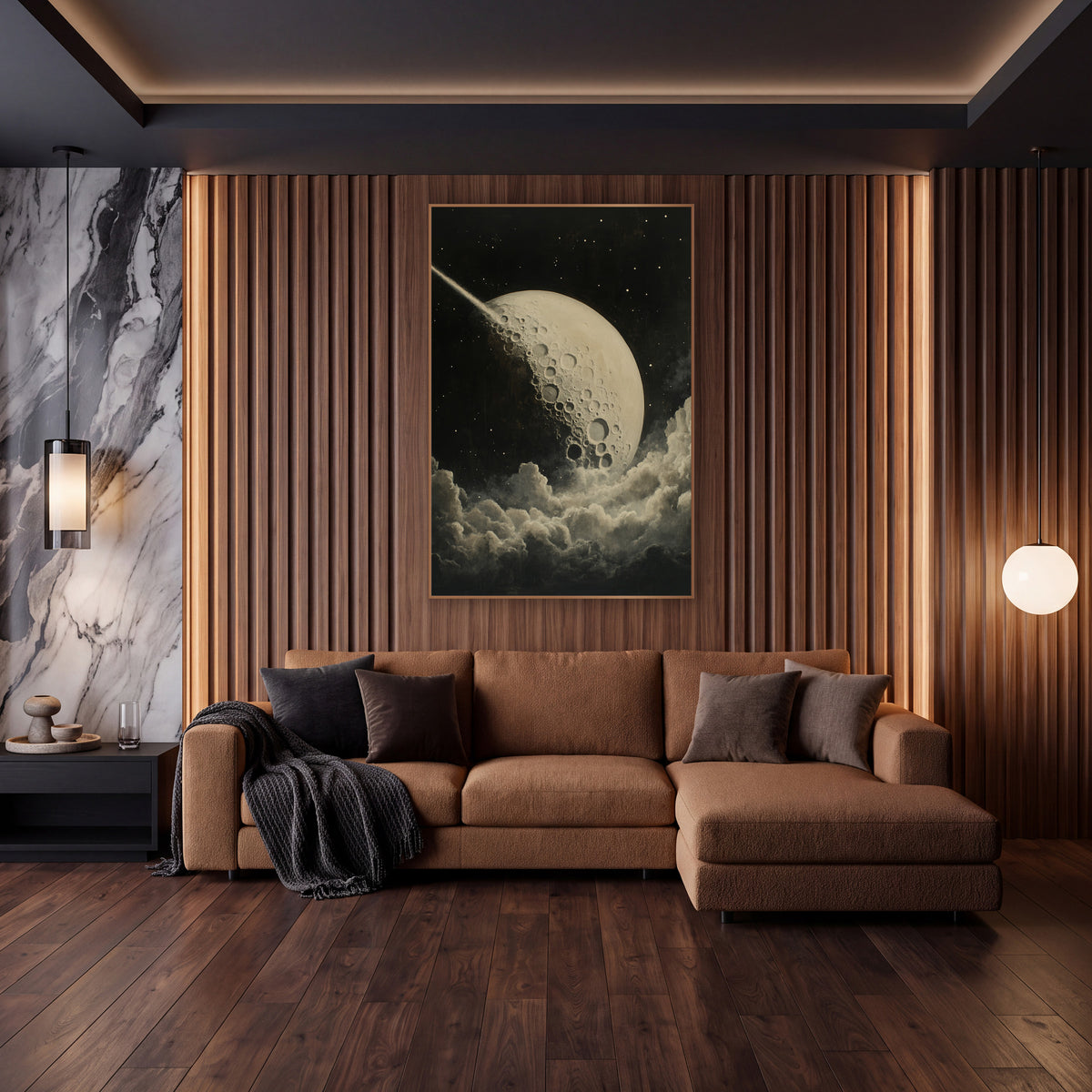 Cratered Moon and Comet Celestial wall art in an elegant modern room – cream cratered moon with a bright comet trail