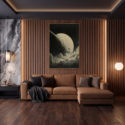 Cratered Moon and Comet Celestial wall art in an elegant modern room – cream cratered moon with a bright comet trail