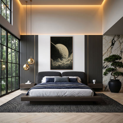 Cratered Moon and Comet Celestial wall art in an elegant modern room – cream cratered moon with a bright comet trail