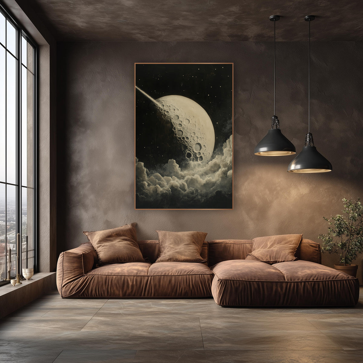 Cratered Moon and Comet Celestial wall art in an elegant modern room – cream cratered moon with a bright comet trail