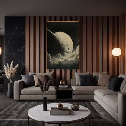 Cratered Moon and Comet Celestial wall art in an elegant modern room – cream cratered moon with a bright comet trail