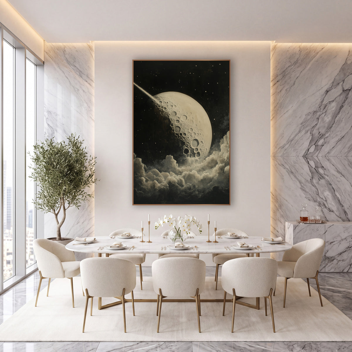 Cratered Moon and Comet Celestial wall art in an elegant modern room – cream cratered moon with a bright comet trail