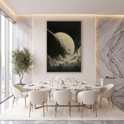 Cratered Moon and Comet Celestial wall art in an elegant modern room – cream cratered moon with a bright comet trail