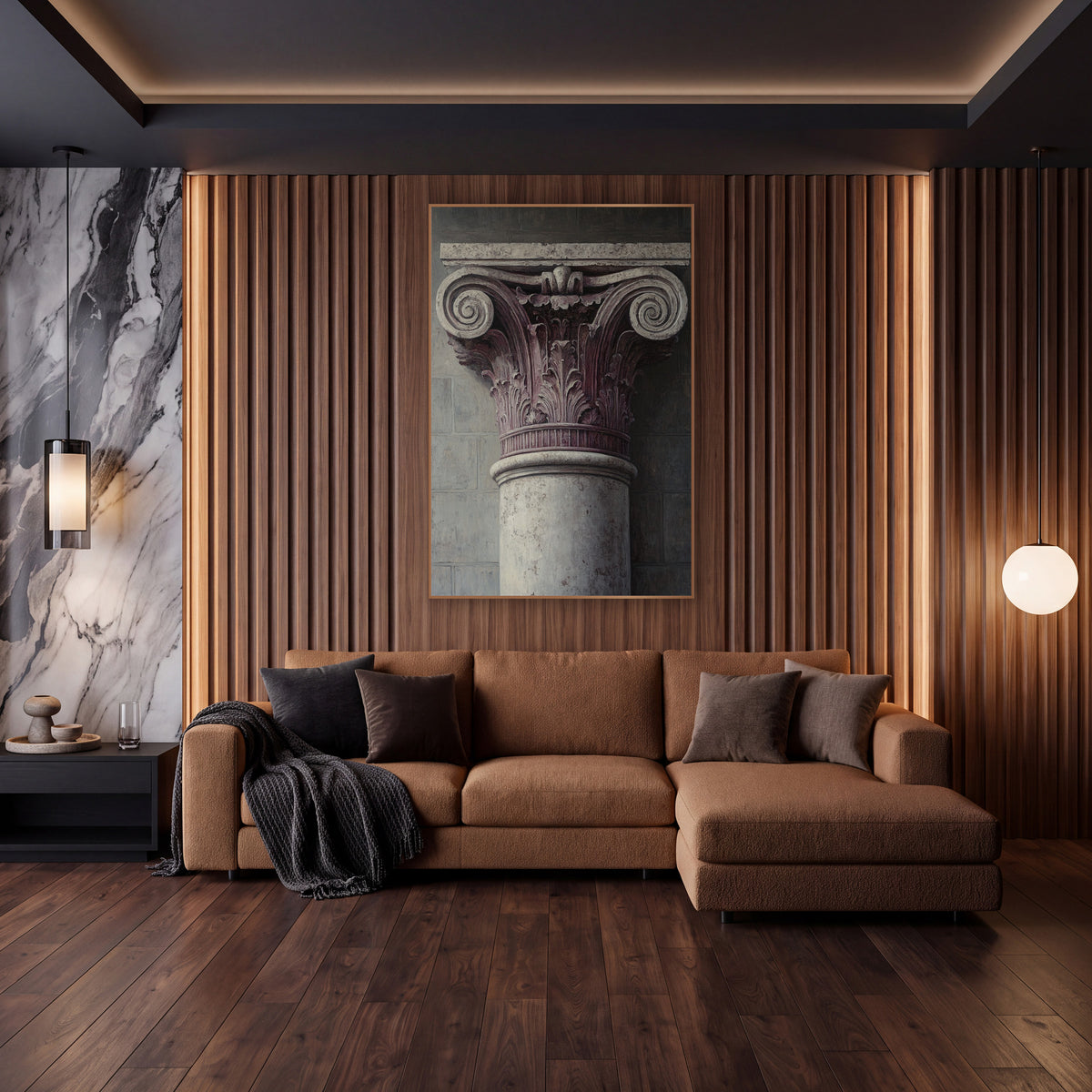 Mauve Column Capital Architectural Study wall art in an elegant modern room – close view of a carved column capital