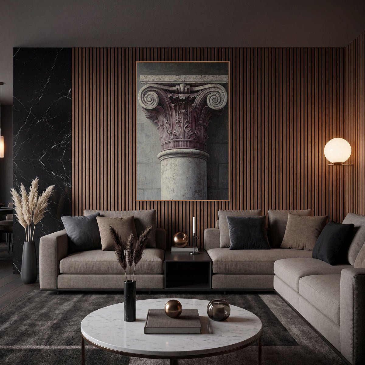 Mauve Column Capital Architectural Study wall art in an elegant modern room – close view of a carved column capital