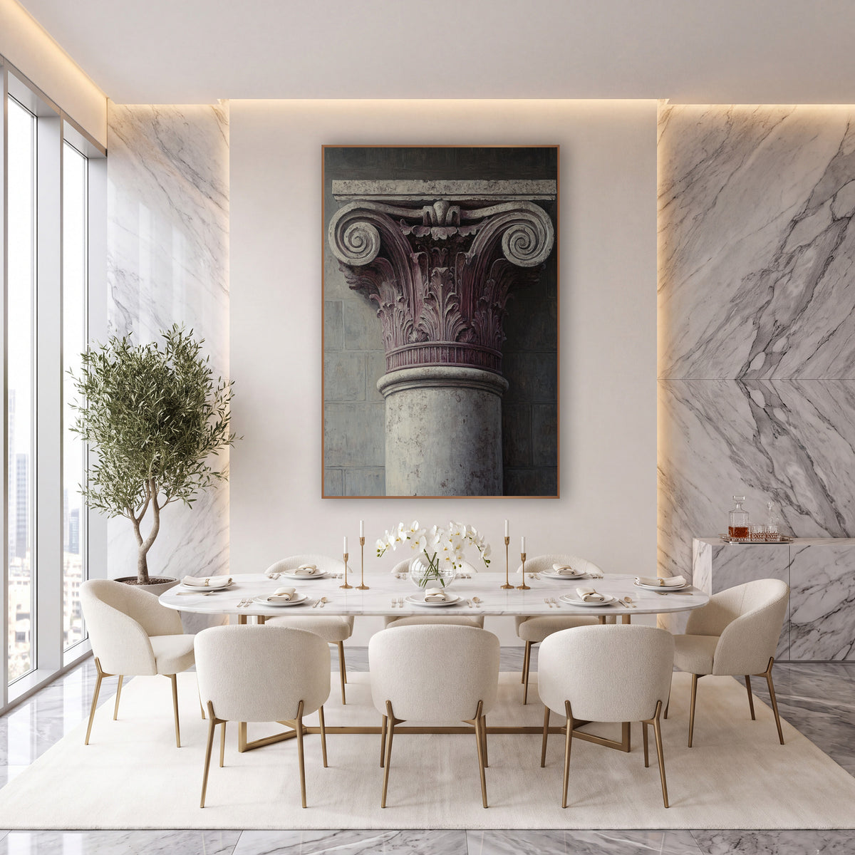 Mauve Column Capital Architectural Study wall art in an elegant modern room – close view of a carved column capital