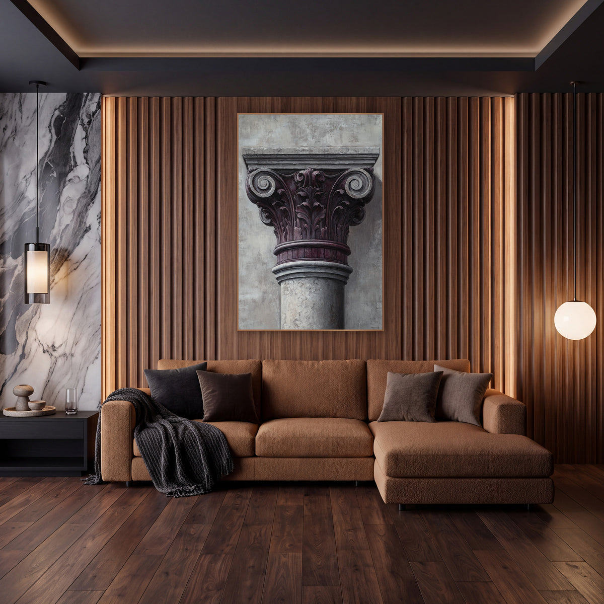 Plum Gray Column Capital Classical wall art in an elegant modern room – close view of a classical column capital