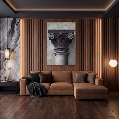 Plum Gray Column Capital Classical wall art in an elegant modern room – close view of a classical column capital
