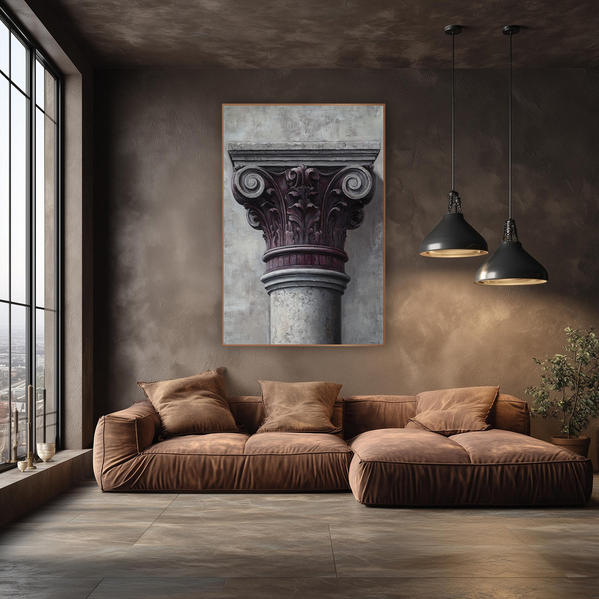 Plum Gray Column Capital Classical wall art in an elegant modern room – close view of a classical column capital