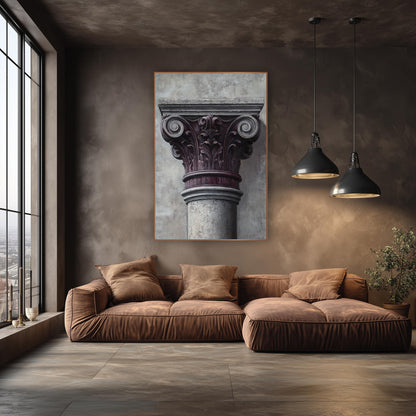 Plum Gray Column Capital Classical wall art in an elegant modern room – close view of a classical column capital