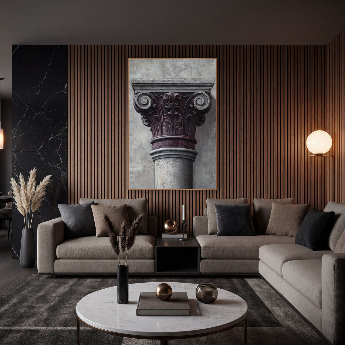 Plum Gray Column Capital Classical wall art in an elegant modern room – close view of a classical column capital