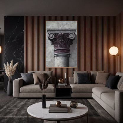 Plum Gray Column Capital Classical wall art in an elegant modern room – close view of a classical column capital