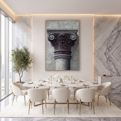 Plum Gray Column Capital Classical wall art in an elegant modern room – close view of a classical column capital