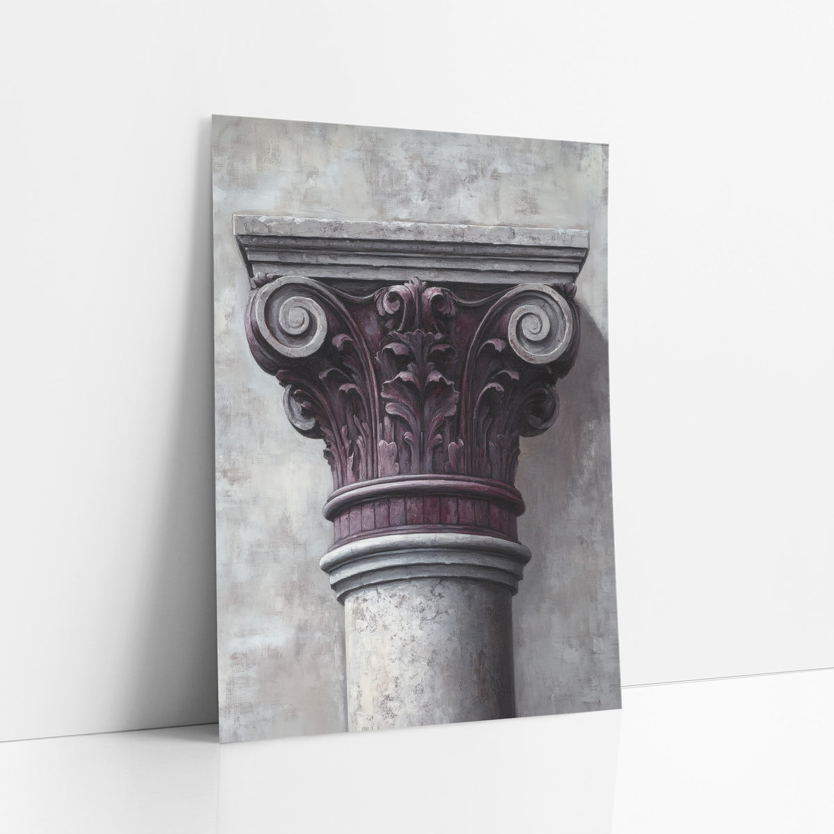 Plum Gray Column Capital Classical art print leaning against a white wall – close view of a classical column capital