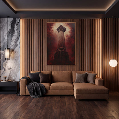 Burgundy Classical Column Dramatic wall art in an elegant modern room – tall fluted classical column with carved leaf