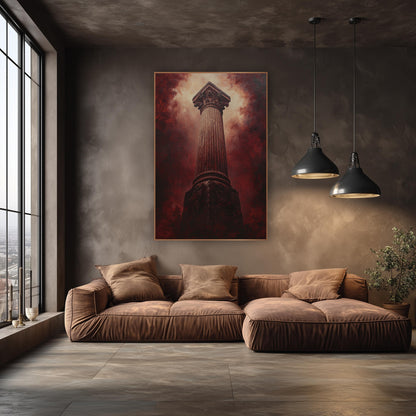 Burgundy Classical Column Dramatic wall art in an elegant modern room – tall fluted classical column with carved leaf