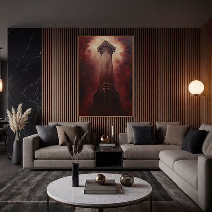 Burgundy Classical Column Dramatic wall art in an elegant modern room – tall fluted classical column with carved leaf