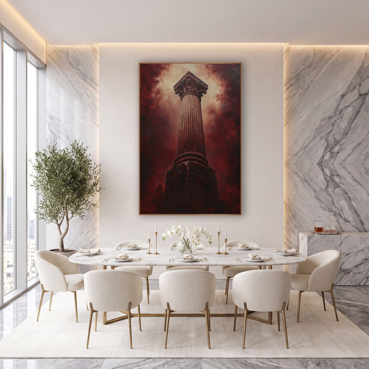 Burgundy Classical Column Dramatic wall art in an elegant modern room – tall fluted classical column with carved leaf