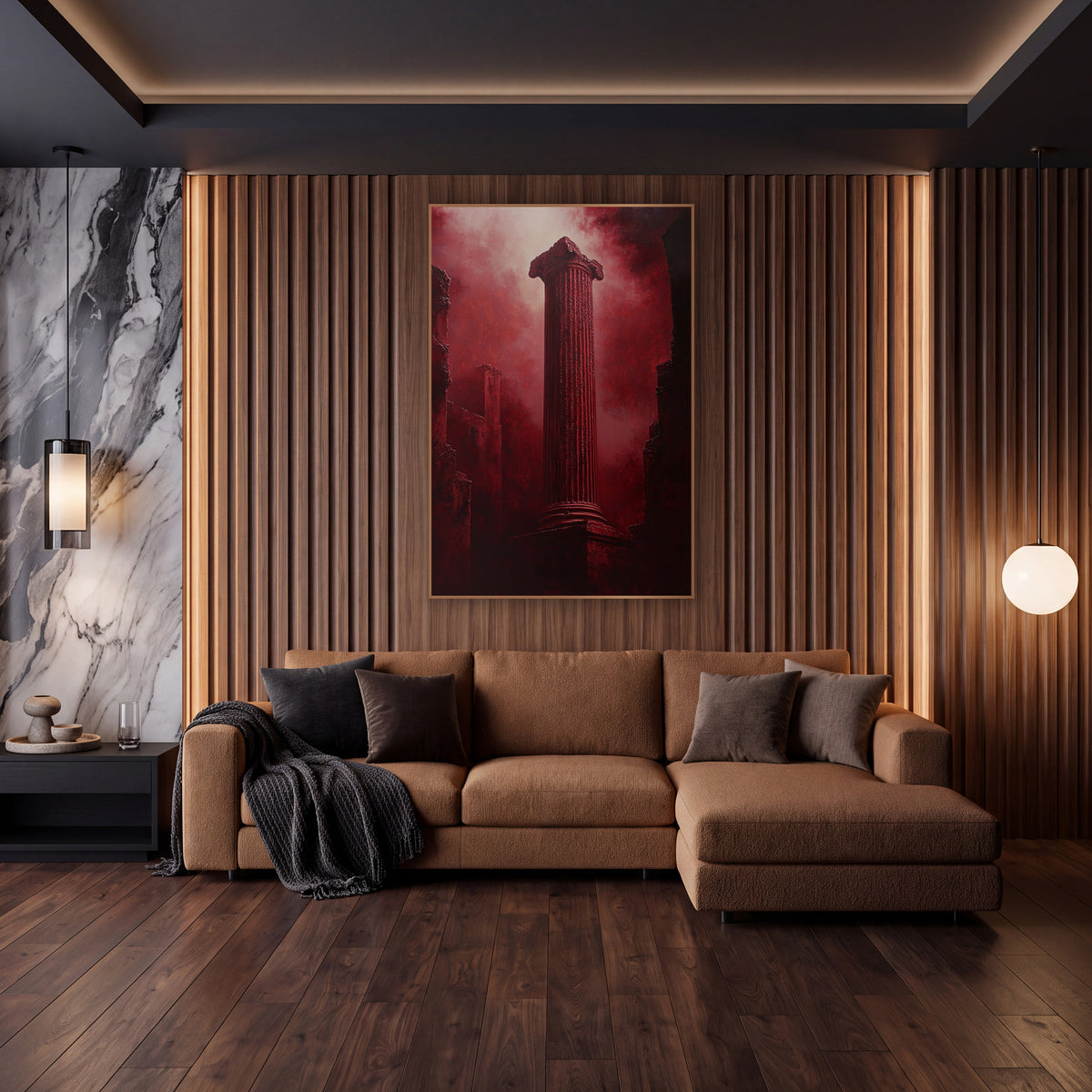 Red Fluted Column Dramatic Moody wall art in an elegant modern room – tall fluted classical column with scrolled top