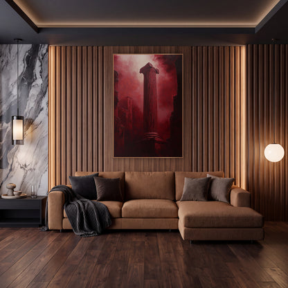 Red Fluted Column Dramatic Moody wall art in an elegant modern room – tall fluted classical column with scrolled top