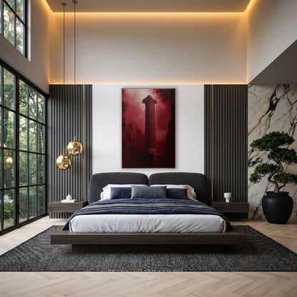 Red Fluted Column Dramatic Moody wall art in an elegant modern room – tall fluted classical column with scrolled top
