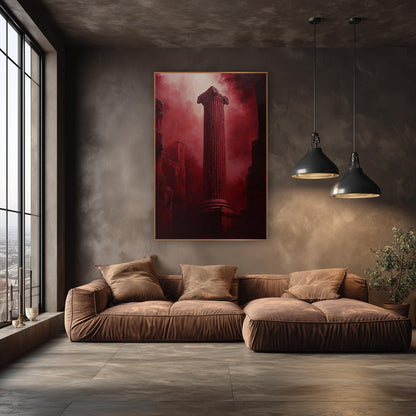 Red Fluted Column Dramatic Moody wall art in an elegant modern room – tall fluted classical column with scrolled top