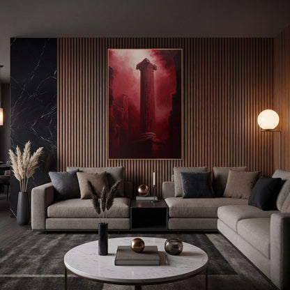 Red Fluted Column Dramatic Moody wall art in an elegant modern room – tall fluted classical column with scrolled top
