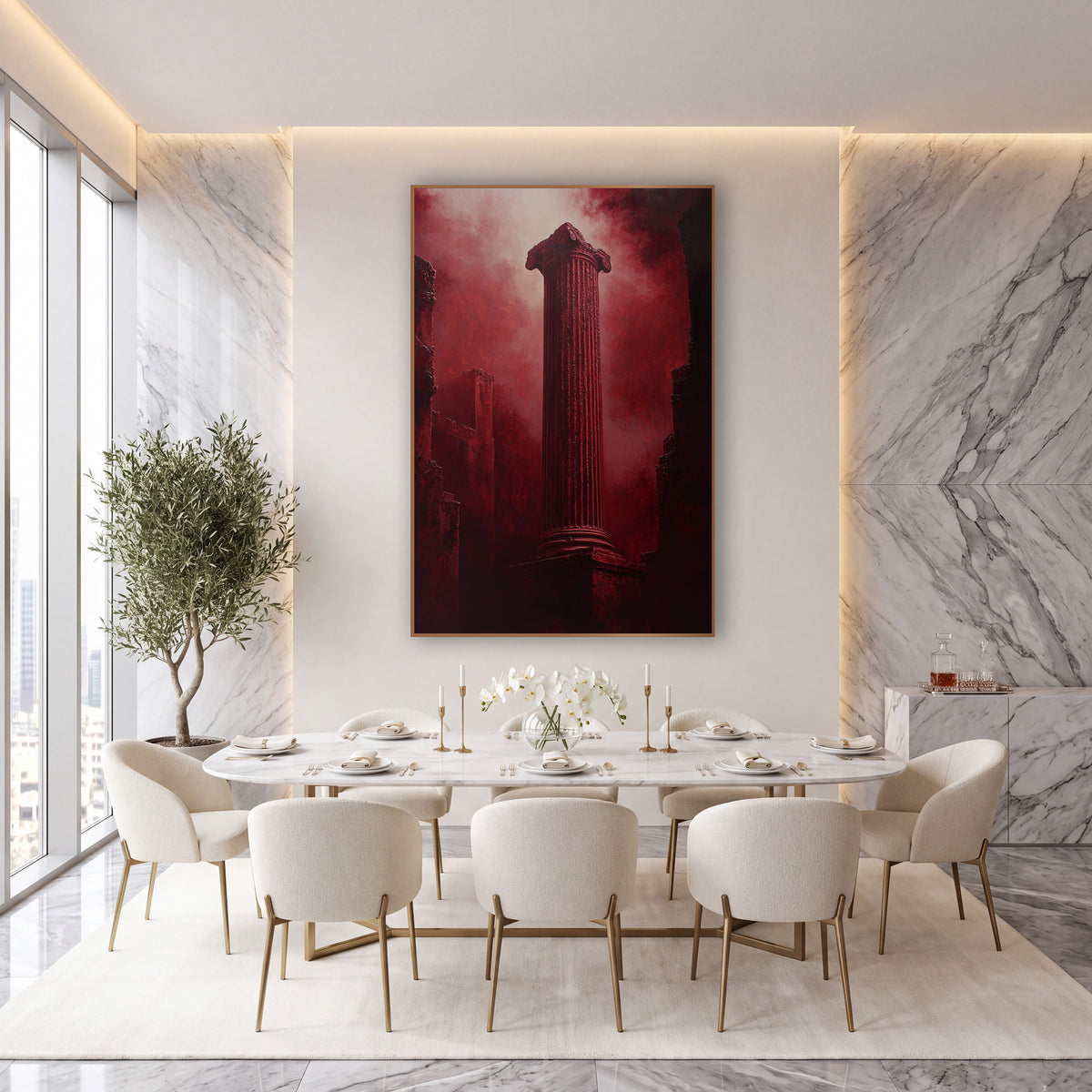 Red Fluted Column Dramatic Moody wall art in an elegant modern room – tall fluted classical column with scrolled top