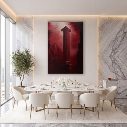 Red Fluted Column Dramatic Moody wall art in an elegant modern room – tall fluted classical column with scrolled top