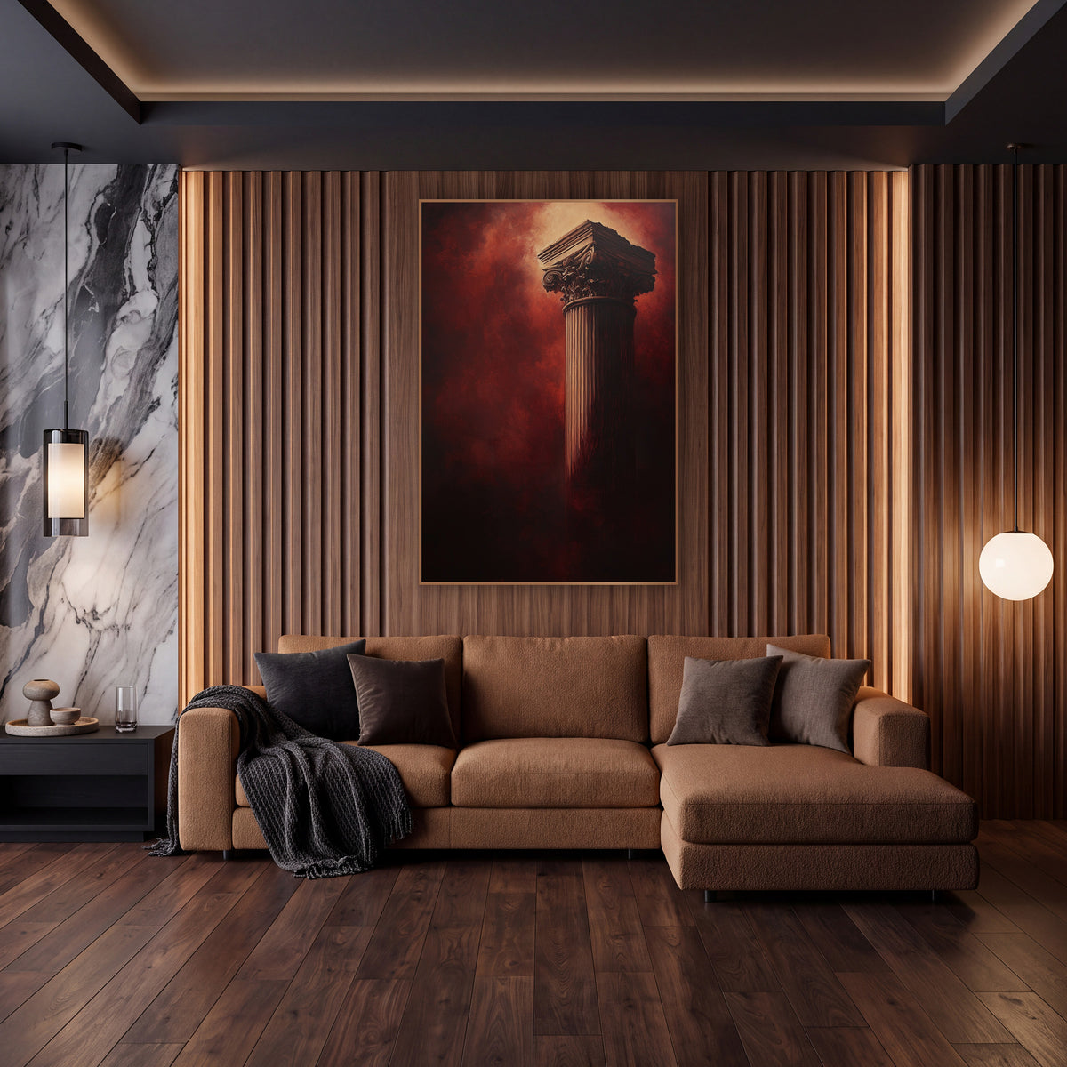 Crimson Classical Column Dramatic wall art in an elegant modern room – tall fluted classical column with carved leaf