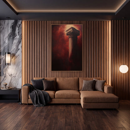 Crimson Classical Column Dramatic wall art in an elegant modern room – tall fluted classical column with carved leaf