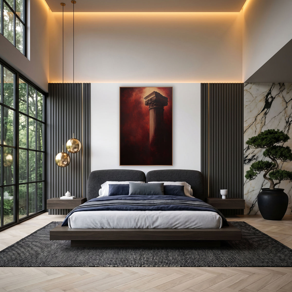 Crimson Classical Column Dramatic wall art in an elegant modern room – tall fluted classical column with carved leaf