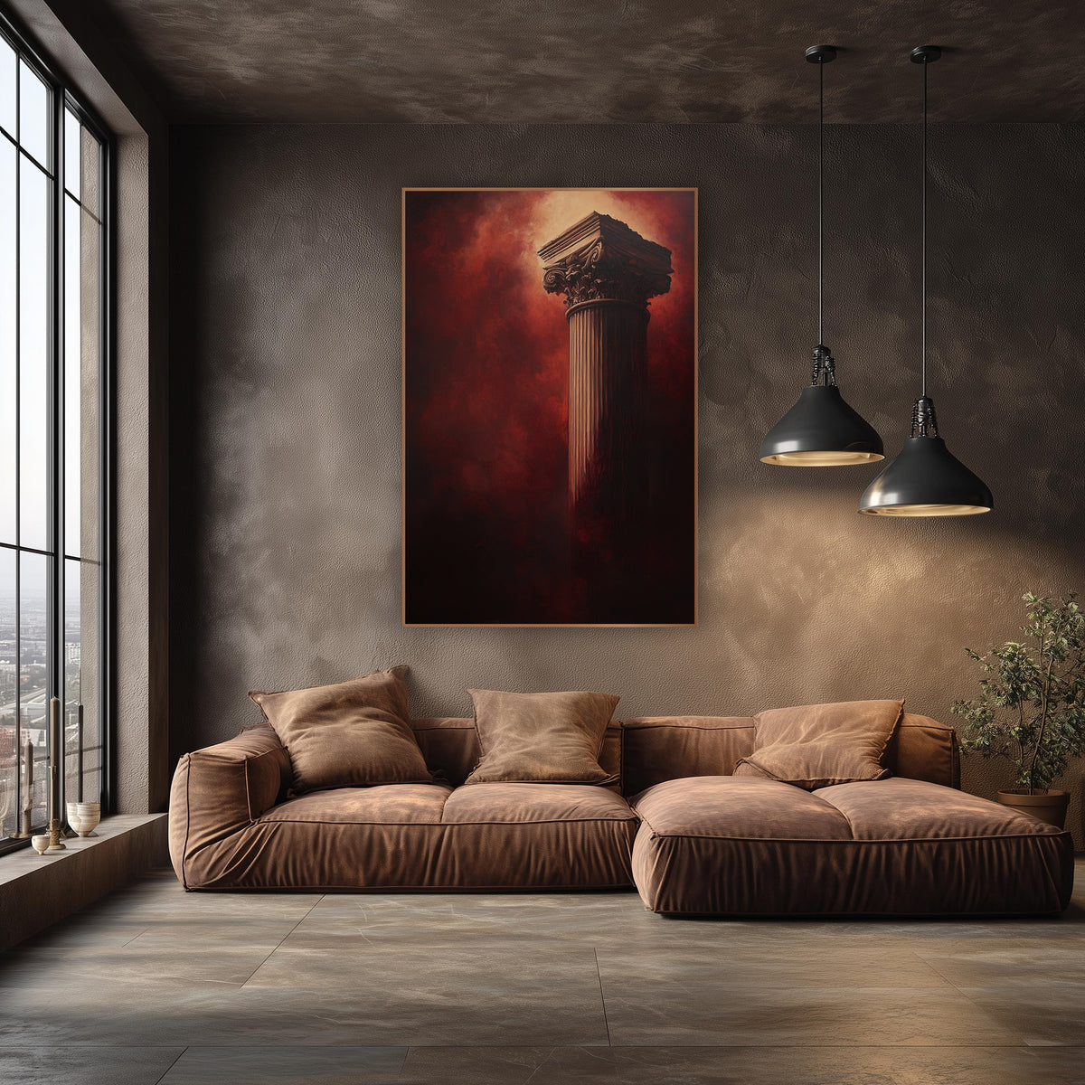 Crimson Classical Column Dramatic wall art in an elegant modern room – tall fluted classical column with carved leaf