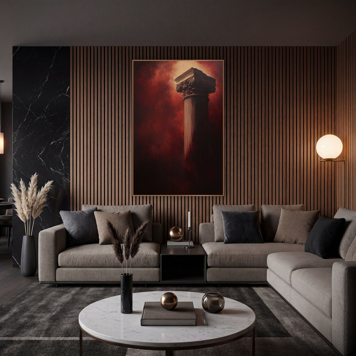 Crimson Classical Column Dramatic wall art in an elegant modern room – tall fluted classical column with carved leaf