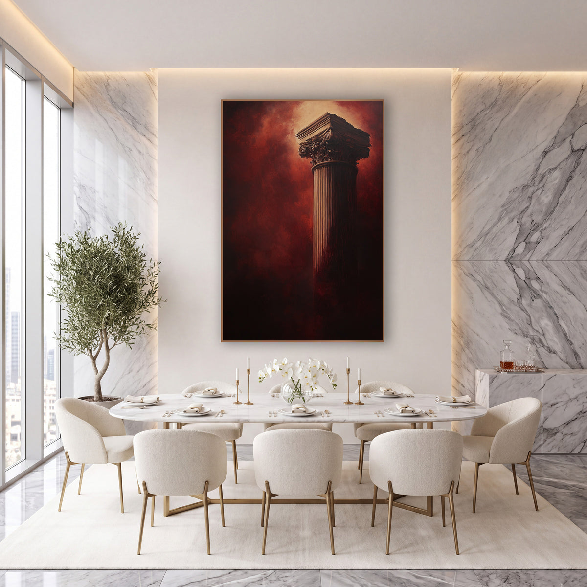 Crimson Classical Column Dramatic wall art in an elegant modern room – tall fluted classical column with carved leaf