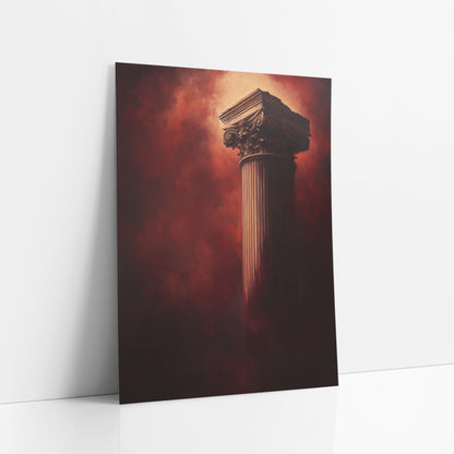 Crimson Classical Column Dramatic art print leaning against a white wall – tall fluted classical column with carved leaf