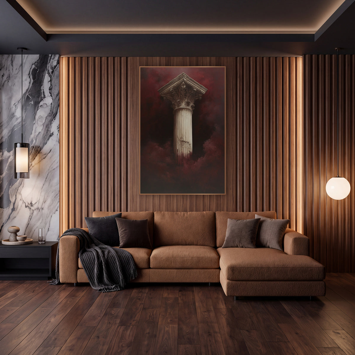Burgundy Mist Classical Column Dramatic wall art in an elegant modern room – tall ivory fluted column with carved leaf