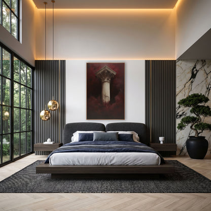 Burgundy Mist Classical Column Dramatic wall art in an elegant modern room – tall ivory fluted column with carved leaf
