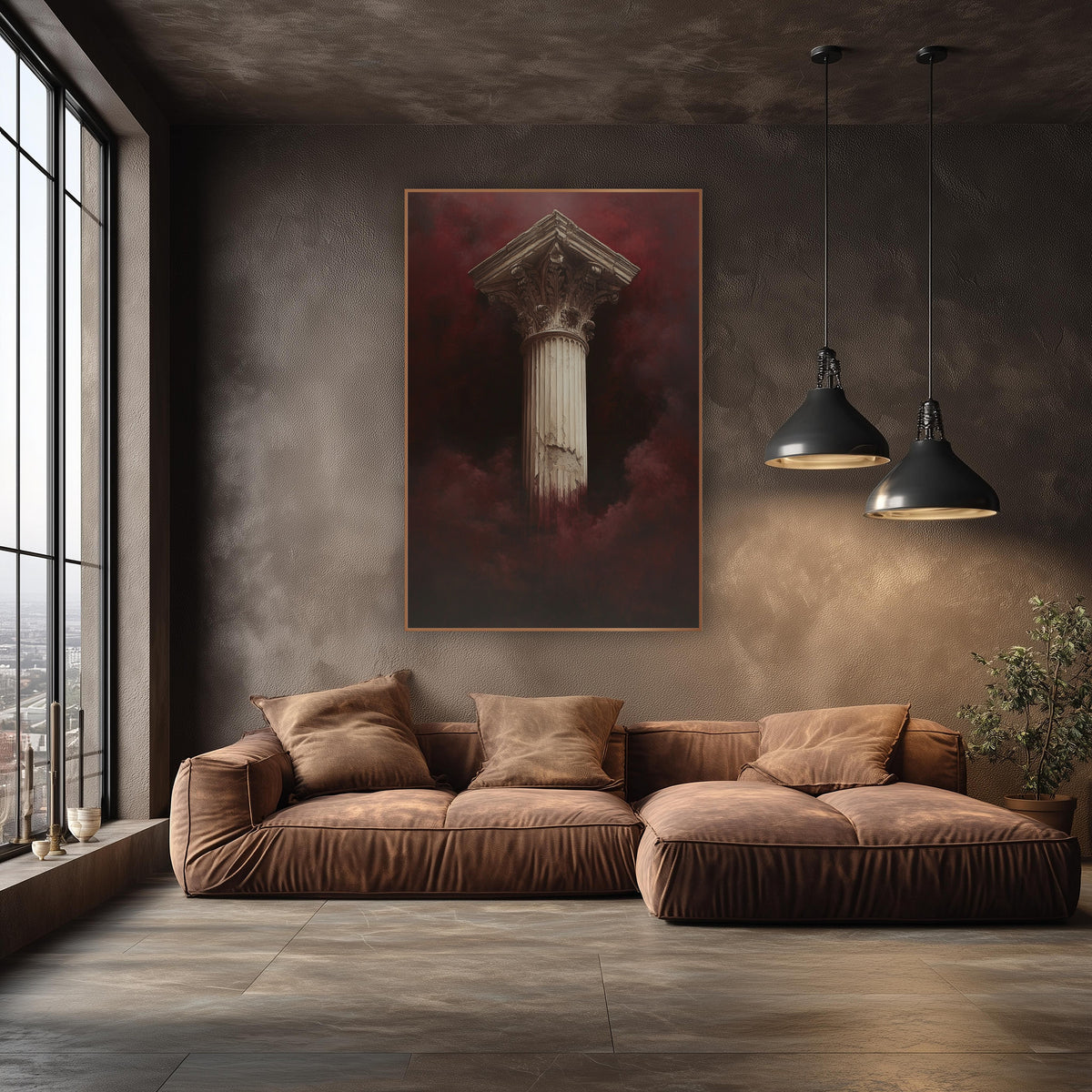 Burgundy Mist Classical Column Dramatic wall art in an elegant modern room – tall ivory fluted column with carved leaf