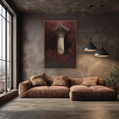 Burgundy Mist Classical Column Dramatic wall art in an elegant modern room – tall ivory fluted column with carved leaf